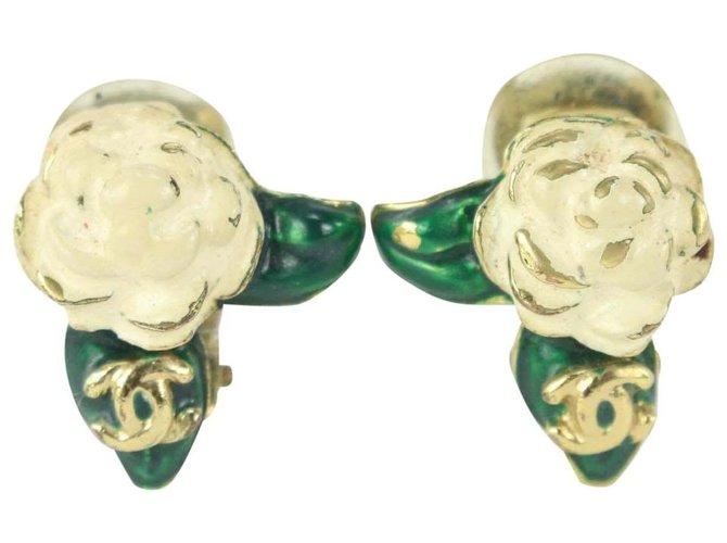 Chanel 04a Gold x White x Green Camellia Rose Flower CC Earrings White gold  ref.328624