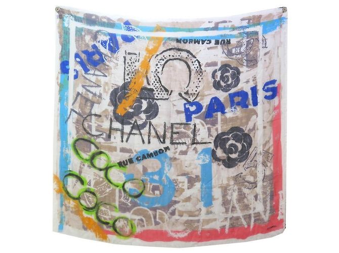 NINE CHALE CHANEL SCIALLE IN CASHMERE SETA LOGO CC COCO CAMELIA SIL CASHMERE Multicolore