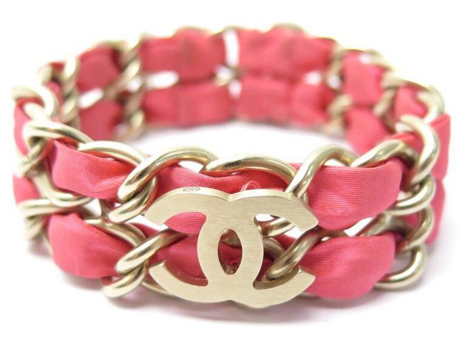 CHANEL CC LOGO CHANEL BRACELET PINK LACED CHAIN IN SILVER METAL 16 CM JEWEL CHAIN  ref.328654