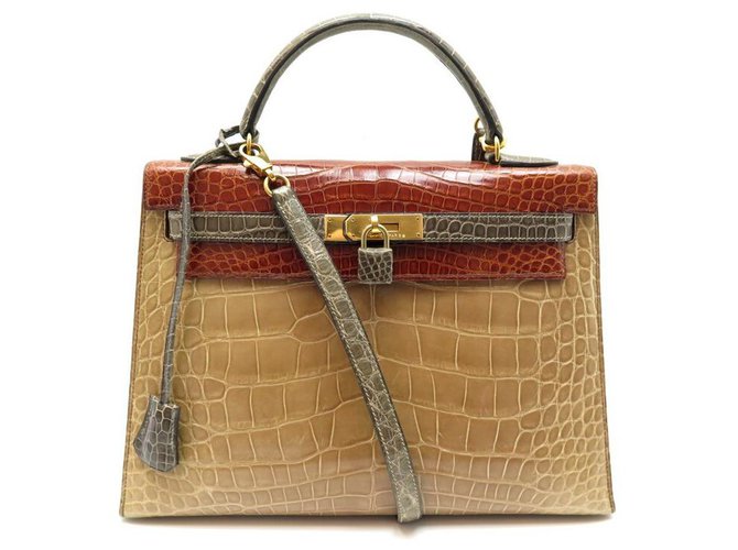 Hermès Kelly handbag 32 TRICOLOR CROCODILE ALLIGATOR LEATHER BANDOULIERE PURSE Brown Exotic leather  ref.328735