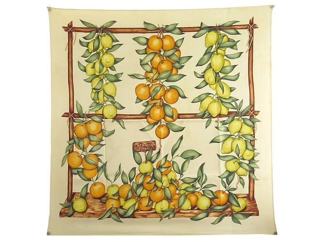 Hermès SCIARPA VINTAGE HERMES LIMONI E ARANCE DAWLAT SQUARE 90 Sciarpa seta Beige