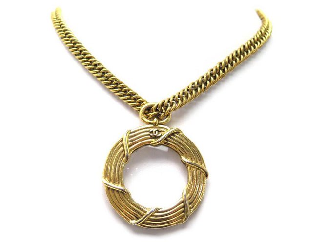 VINTAGE CHANEL LOUPE NECKLACE 92 CM METAL DORE GOLDEN MAGNIFYING GLASS NECKLACE  ref.328851