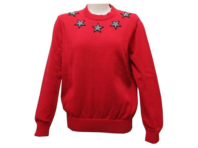 PULL GIVENCHY EN COTON ROUGE M 38 PATCHS ETOILES AU COL GRISES RED SWEAT