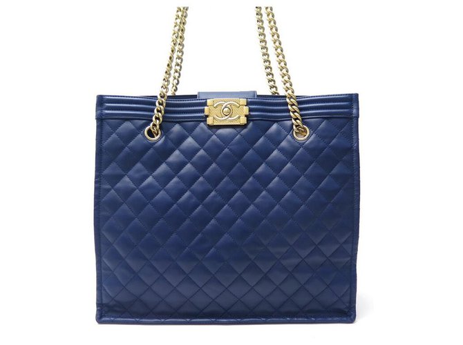 CHANEL CABAS SHOPPING BOY BLUE QUILTED LEATHER HAND BAG  ref.329030