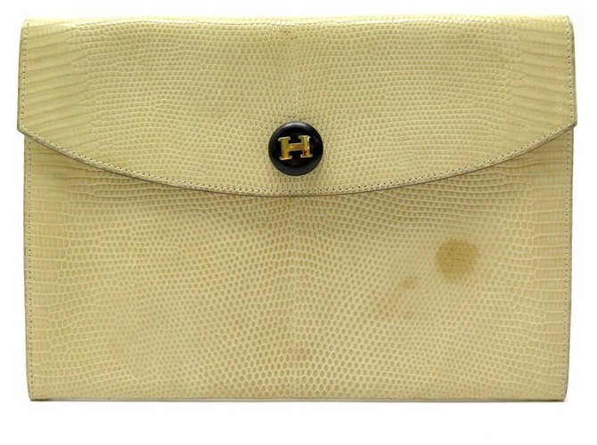 Hermès VINTAGE HERMES RIO HANDLE BAG IN BEIGE LIZARD CLUTCH LEATHER Exotic leather  ref.329114