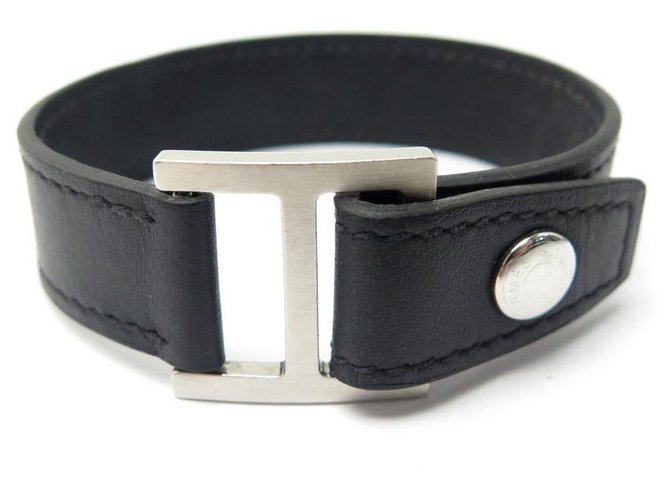 Hermès HERMES H BRACELET IN BLACK SWIFT LEATHER STEEL BUCKLE SADDLE BUTTON BRUSH  ref.329185