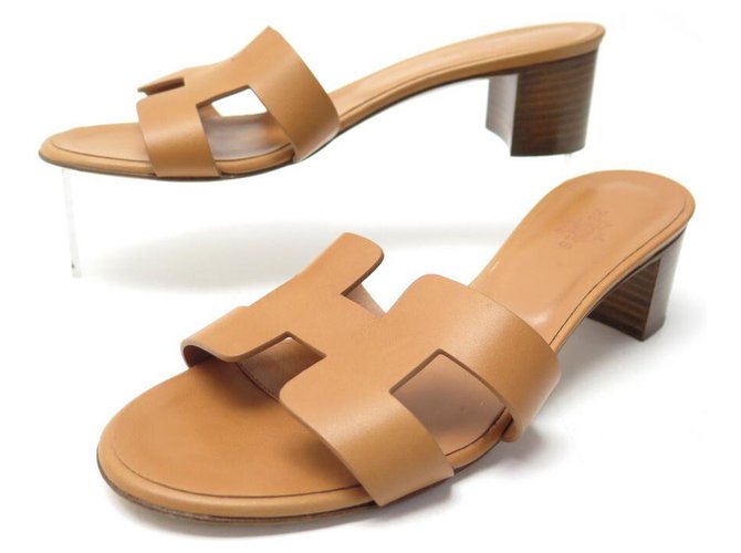 Hermès NUEVAS ZAPATOS TACÓN HERMES MULES OASIS 37 DE PIEL NATURAL EPSOM  ZAPATOS Castaño Cuero ref.329212 - Joli Closet