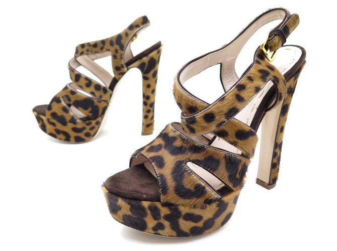 NEW MIU MIU SHOES 38 It 38.5 LEOPARD SHOES CREW SANDALS Brown Pony-style calfskin  ref.329265