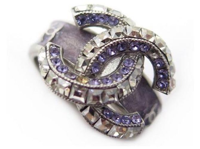 NEU CHANEL CC LOGO RING & LILA STRASS GRÖSSE 54 SILBERMETALL NEUER RING