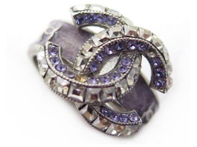 NEW CHANEL CC LOGO RING & PURPLE STRASS SIZE 54 SILVER METAL NEW RING Silvery  ref.329305