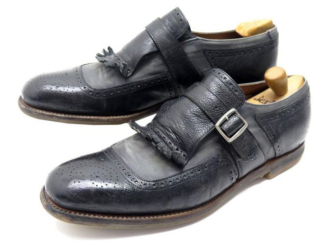 CHURCH'S SHANGHAI SHOES 9 43 GRAY CANVAS & BLACK LEATHER BUCKLE LOAFERS  ref.329383