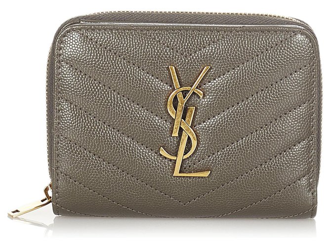 YVES SAINT LAURENT Monogram Compact Leather Zip Wallet Grey