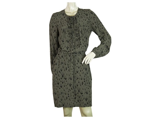 Motif animal gris Rebecca Taylor 100% Taille de mini robe en soie à manches longues 4  ref.329683