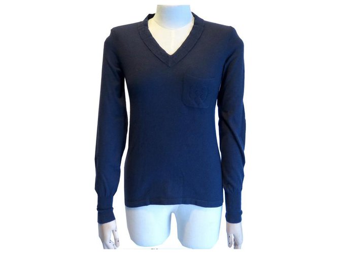 CHANEL CAMELIA P SWEATER38923 taille 34 S NAVY BLUE CASHMERE BLUE SWEATER  ref.329729