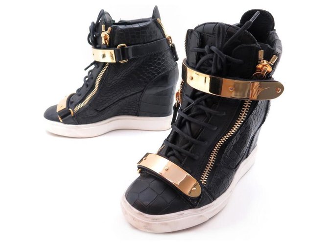 GIUSEPPE ZANOTTI BASKET COBY WEDGE SHOES 37.5 It 38.5 FR LEATHER SNEAKERS Black  ref.329748