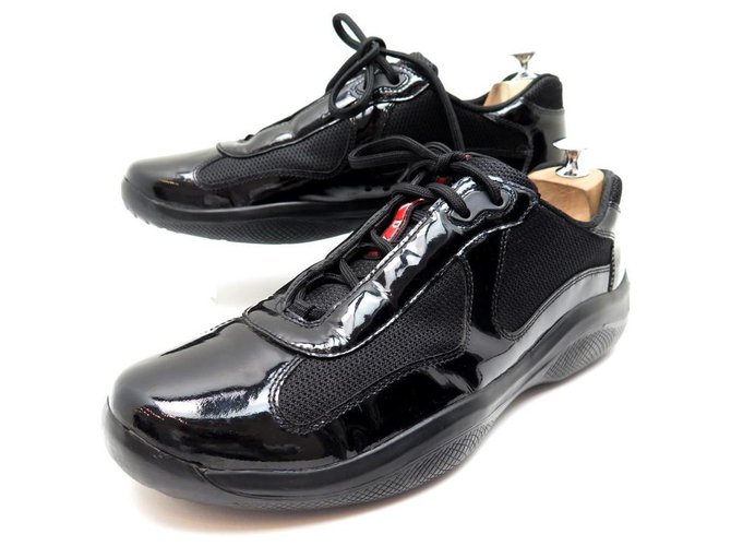 NEW PRADA sneakers SCARPE 9 IT 44 SCARPE SNEAKERS FR IN VERNICE NERA Nero Pelle verniciata  ref.329790