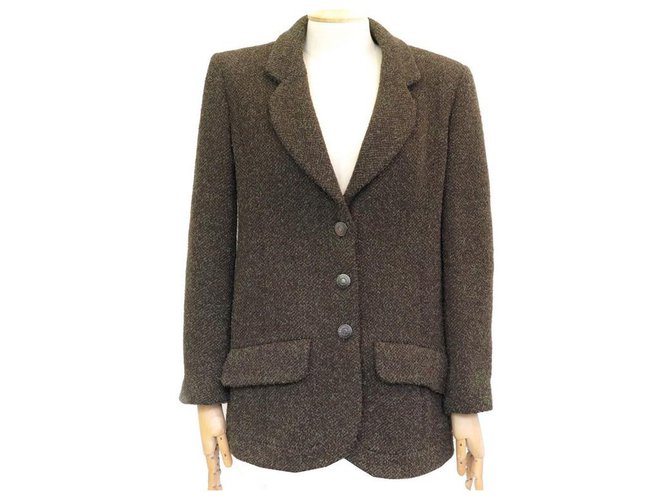 CHANEL JACKET BUTTONS LOGO CC P09217 taille 38 M IN GREEN TWEED GREEN JACKET  ref.329820