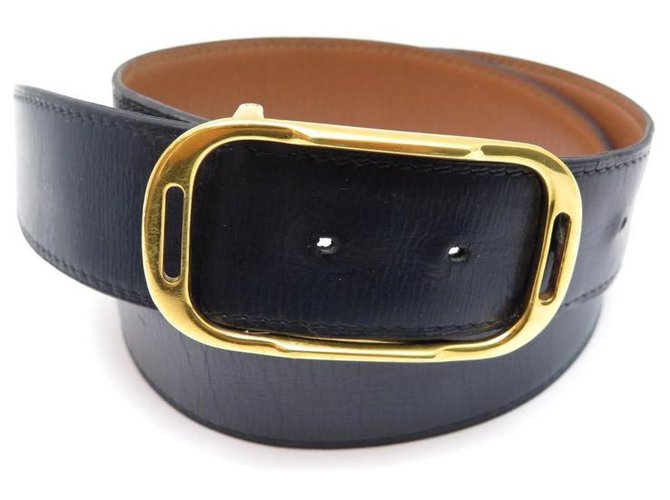 Cintura Hermès vintage 70 FIBBIA ORO IN SCATOLA BLU NAVY CINTURA IN PELLE BLU  ref.329912