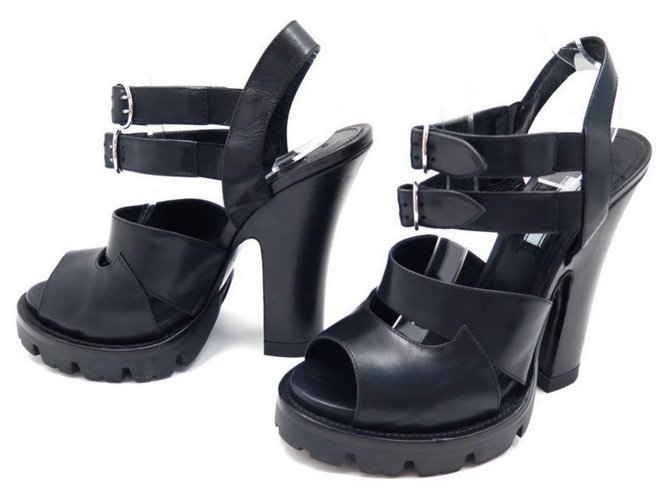 NEUF CHAUSSURES PRADA SANDALES A TALONS 40 CUIR NOIR LEATHER SANDALS SHOES  ref.330035