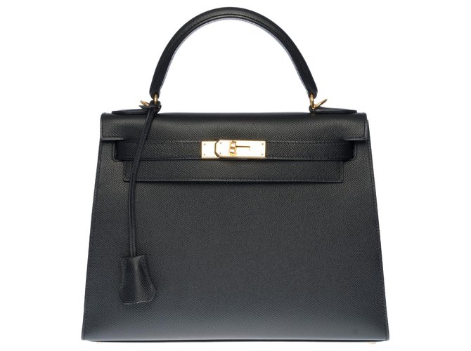 Hermès Splendide sac à main Hermes Kelly sellier 28 cm bandoulière en cuir Epsom noir, garniture en métal plaqué or  ref.330345