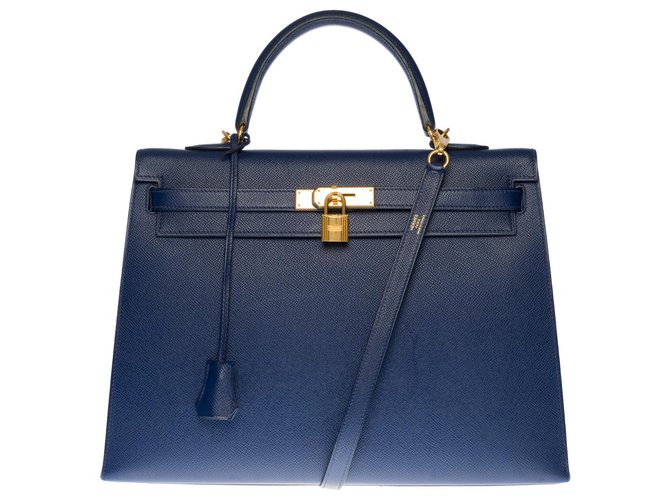 Hermès Hermosa bolsa Hermes Kelly 35 correa de sillín de cm en cuero Epsom azul Saphir,  adornos de metal chapado en oro  ref.330347