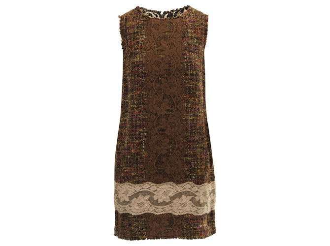Dolce & Gabbana Vestido Multifabric de Tweed e Renda Marrom Lã  ref.330686