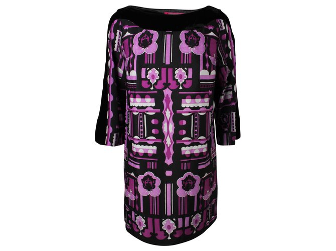 Anna Sui Dolly Girl Black & Purple Printed Dress with Velvet Boat Neck  ref.330773