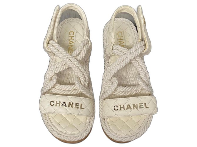 Sandales papa Chanel Cuir Corde Blanc  ref.330986