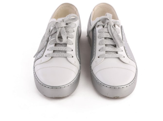 Chanel White/Silver Leather and Rubber CC Cap Toe Lace Up Sneakers