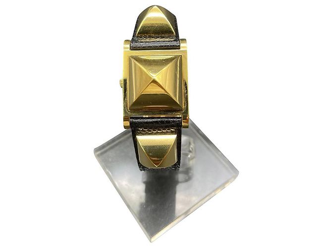 Hermès Medor Uhr vergoldet Lederarmband Gold hardware