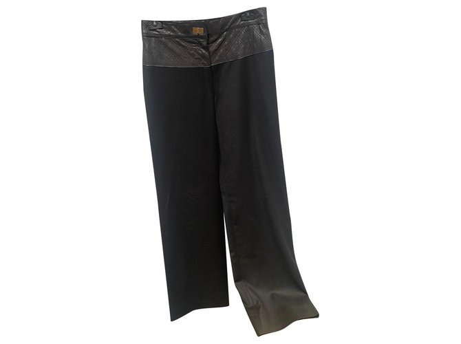 Chanel calça, leggings Preto Couro Lã  ref.332792