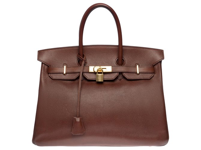 Hermès Impresionante bolso de mano de Hermes Birkin. 35 en cuero Courchevel marrón, adornos de metal chapado en oro Castaño  ref.333104
