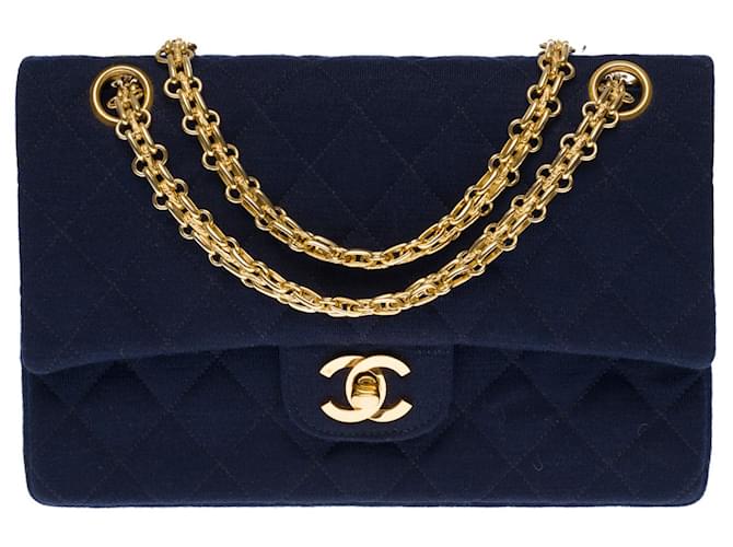 Chanel Superba borsa con patta foderata Timeless in jersey trapuntato blu navy , garniture en métal doré Panno  ref.333248