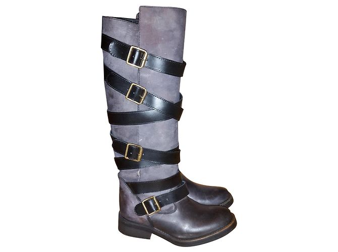 Steve Madden Lederstiefel mit Schnallen Dunkelgrau Anthrazitgrau