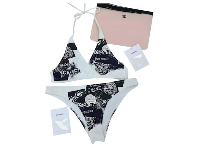 Neu mit Etikett Chanel 2017 Schwarz-weißer zweiteiliger Bikini-Badeanzug Gr 40 Mehrfarben Elasthan Polyamid  ref.333595