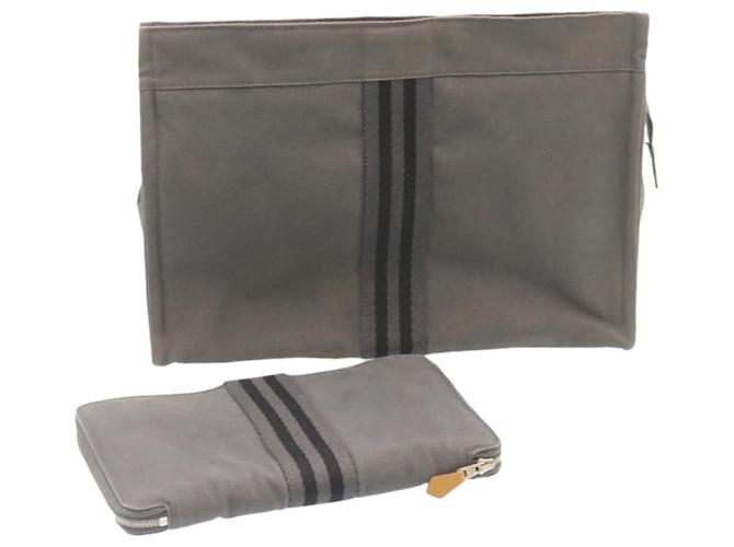 Hermès HERMES Clutch Bag Wallet 2Set Gray Cotton Auth 23087 Grey  ref.333978