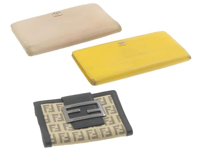 CHANEL FENDI Zucchino Canvas Wallet 3Set Beige Black Yellow Auth rd2042 Leather  ref.334062
