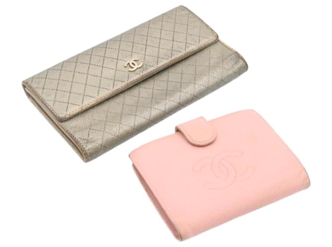 CHANEL Matelasse Caviar Skin Wallet Silver Pink Leather 2Set CC Auth yt428  ref.334252