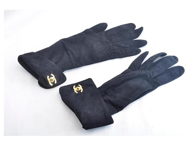 CHANEL Suede Gloves Black Size 7inch CC Auth sa2319  ref.334356
