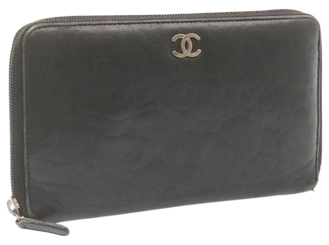 CHANEL Camellia Round Zip Long Wallet Black Leather CC Auth se097  ref.334482