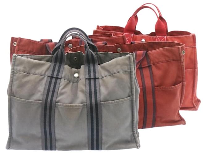 Hermès HERMES Fourre Tout MM Hand Bag Wallet 4Set Gray Red Cotton Auth se136 Grey  ref.334608