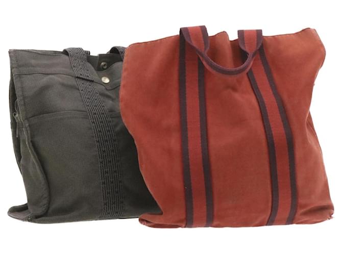 Hermès HERMES Her Line Fourre Tout Hand Bag 2Set Canvas Gray Red Auth 19099 Grey Cloth  ref.334663