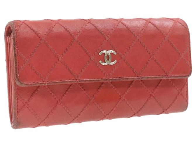 CHANEL Lamb Skin Wild Stitch Long Wallet Red CC Auth 20227 Leather  ref.334902