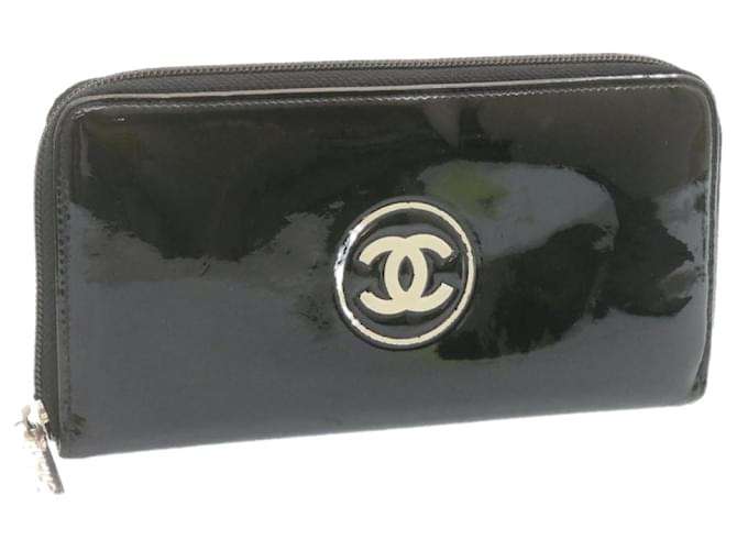 CHANEL Round Zip Long Wallet Black Patent Leather Auth ar4277  ref.335240