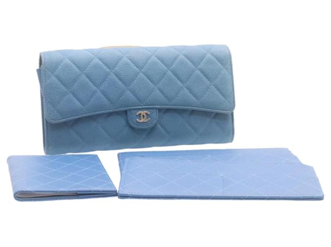 CHANEL Caviar Skin Matelasse Travel Wallet Light Blue Leather CC Auth 22444  ref.335246