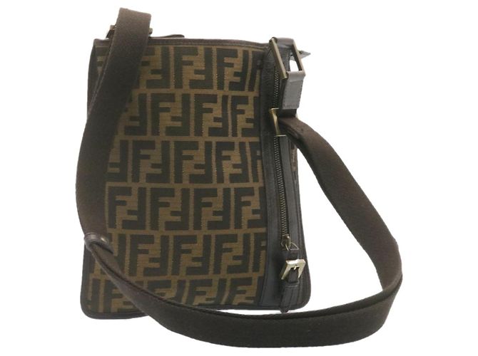 FENDI Borsa a tracolla Zucca Canvas Marrone Nero Autentico 22565