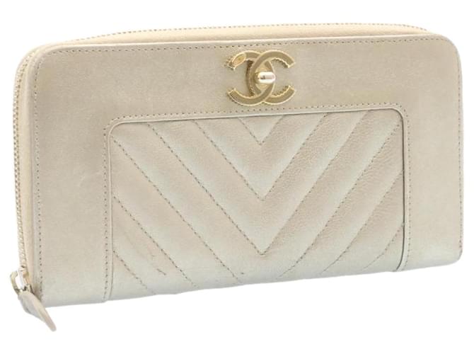 CHANEL Lamb Skin V Stitch Round Zip Wallet Silver Leather CC Auth 22686 Silvery  ref.335723