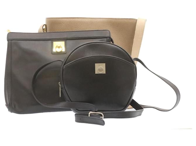 Céline CELINE Clutch Shoulder Bag 3Set Leather Beige Black Auth fm469  ref.335957