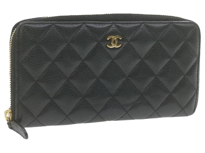 CHANEL Caviar Skin Matelasse Long Wallet Black Leather CC Auth gt718  ref.336493