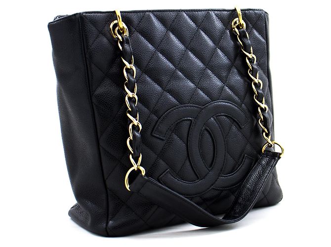 CHANEL Caviar PST Chain Shoulder Bag Compras Tote Preto Acolchoado